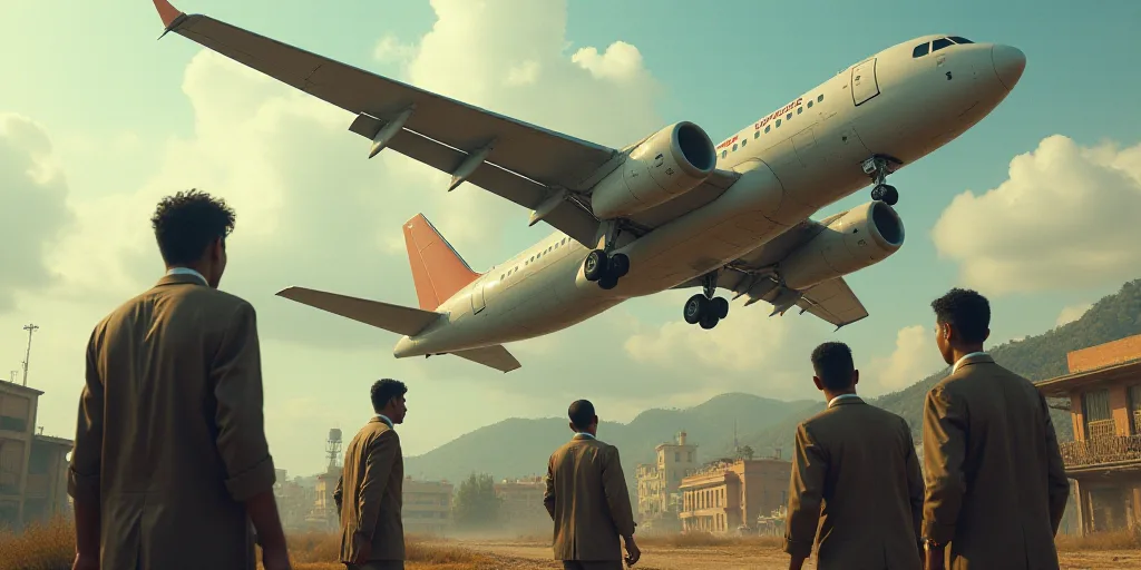 a group of men standing around a plane that is in the air with a building in the background and a bu