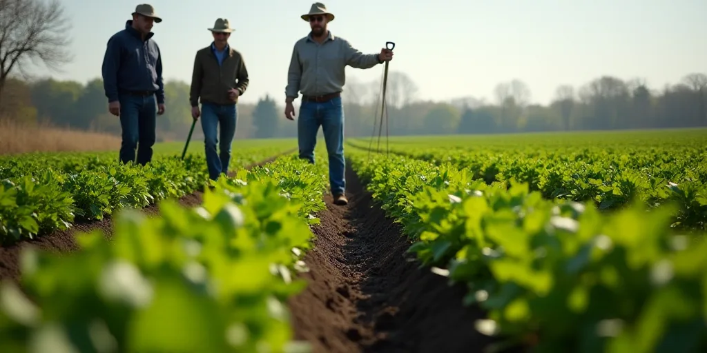 a group of men standing in a field with a shovel and a shovel in hand, and a row of young plants, De