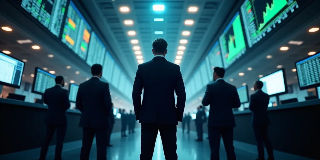 a group of men standing in front of a stock market floor with monitors on each side of them and a ma