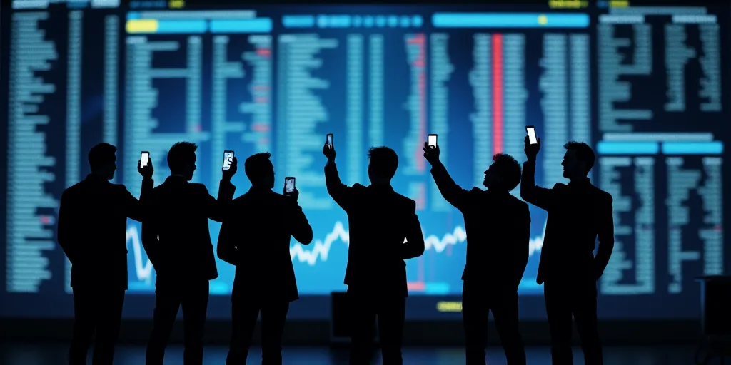 a group of men standing in front of a stock market floor looking up at their phones and pointing to