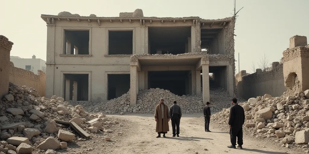 a group of men standing in front of a building that has been demolished and is surrounded by rubble