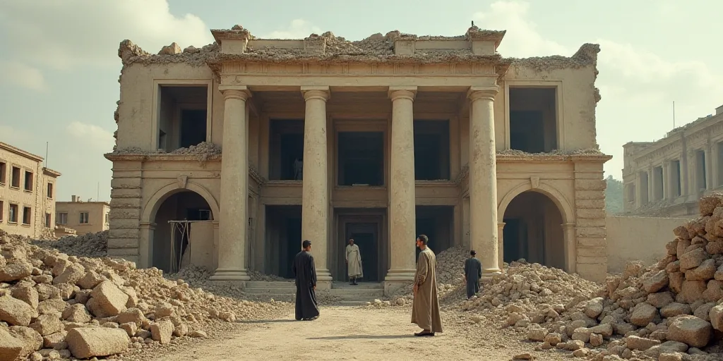 a group of men standing in front of a building that has been demolished and is surrounded by rubble