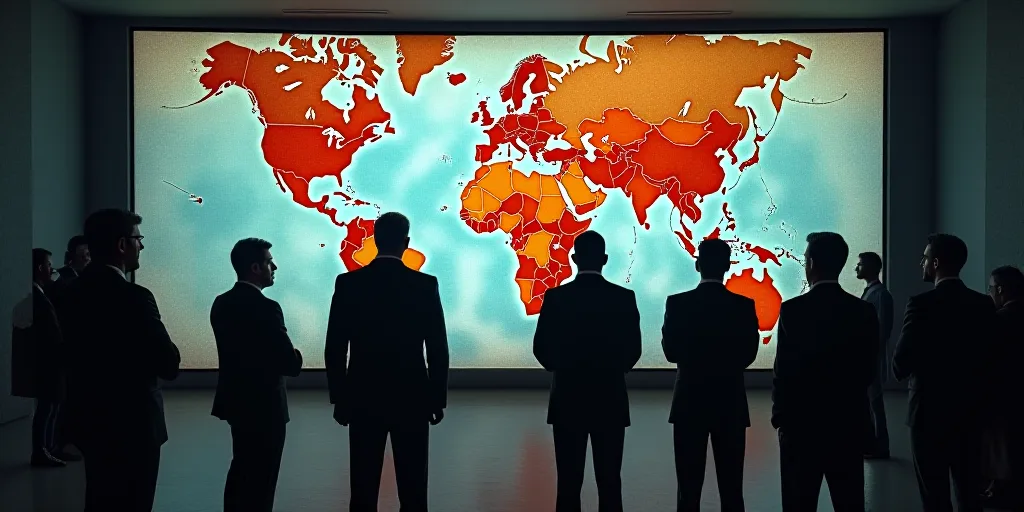 a group of men standing in front of a map of the world on a wall mounted screen in a room, Ahmed Kar