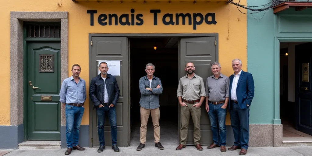 a group of men standing in front of a building with a sign on it that says tenais tampa, Carpoforo T