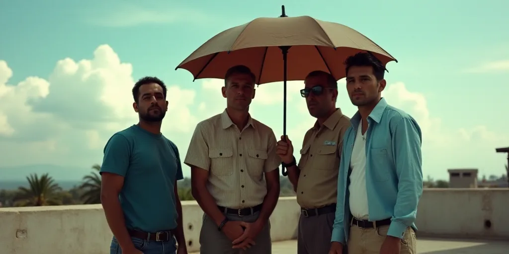 a group of men standing next to each other under an umbrella on a roof top with a sky background, Ca