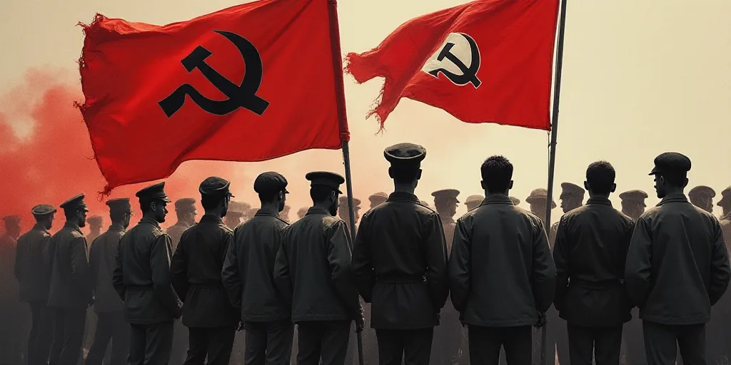 a group of men standing next to each other holding a red flag and a red and white flag with a black