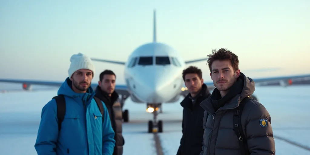 a group of men standing next to an airplane on a runway with a person in a white hat and a man in a