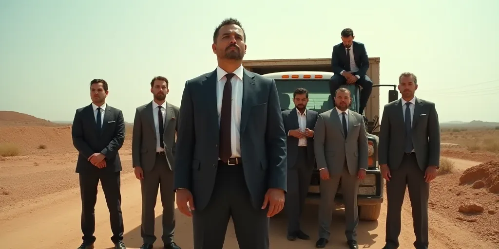 a group of men standing next to a truck in the dirt with a man in a suit on the back of the truck, E