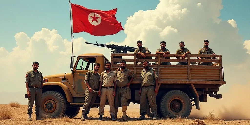 a group of men standing next to a truck with a gun in the back of it and a flag flying in the backgr