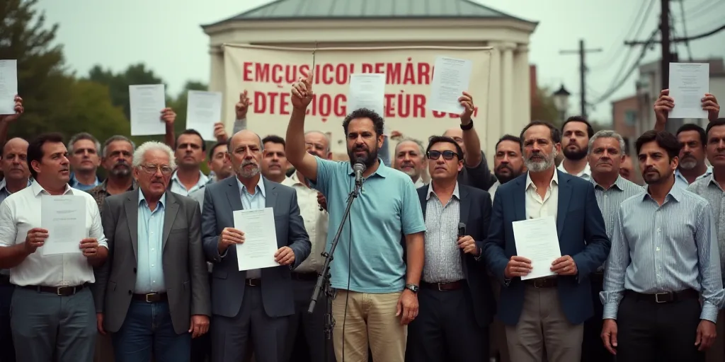 a group of men standing next to each other holding up papers and a microphone in front of them with