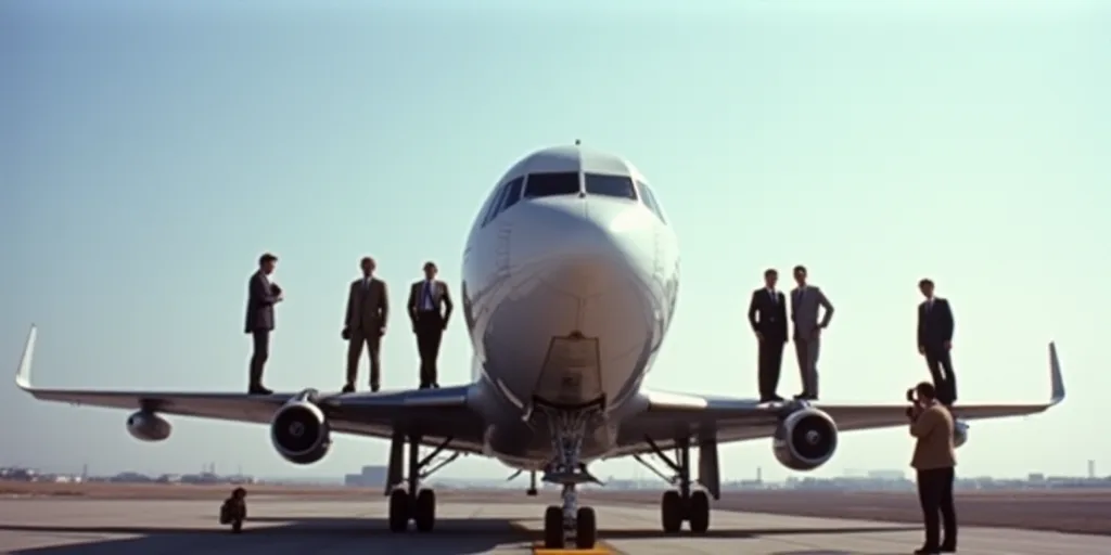 a group of men standing on top of a plane next to each other on a runway with a camera, Denis Eden,