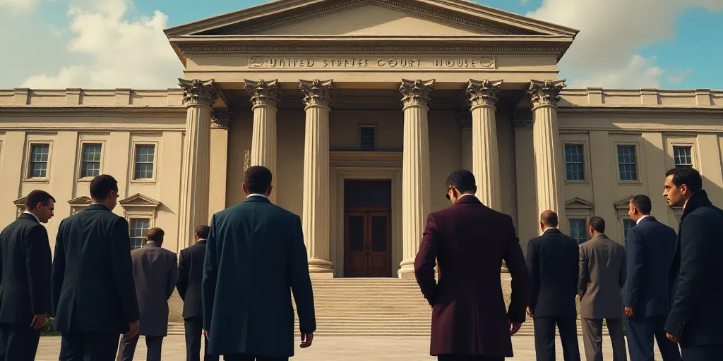 a group of men standing outside of a building with a sign that says united states court house on it,