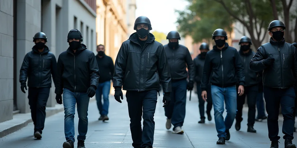 a group of men walking down a sidewalk next to a building with police on them and a man in a mask, E