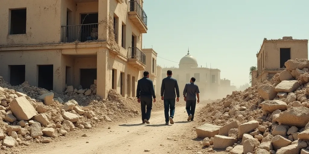 a group of men walking past a building that has been demolished in the middle of the day with rubble