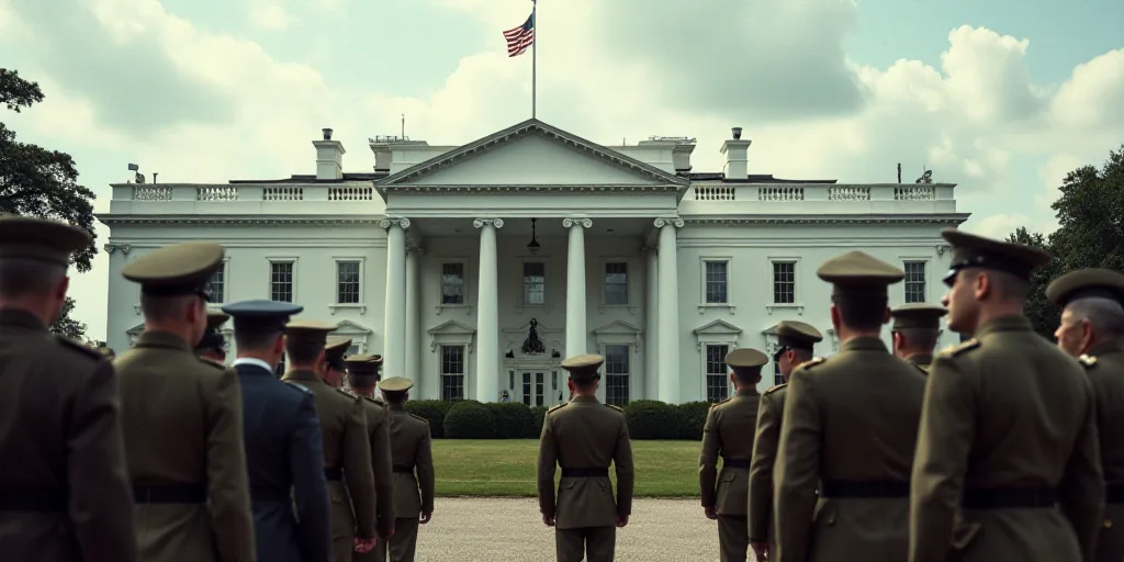 a group of military men standing in front of a large building with a president on it's side, Donald