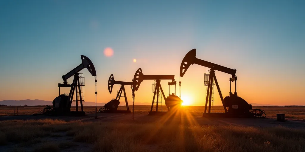 a group of oil pumps sitting next to each other on a field at sunset with a blue sky in the backgrou