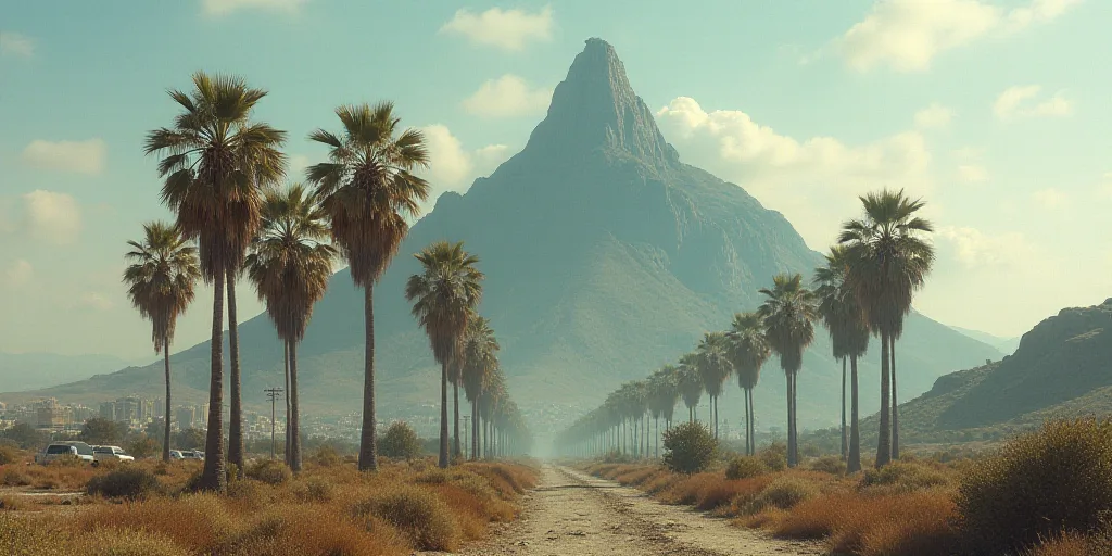 a group of palm trees in front of a mountain with a city in the background and a few cars parked on