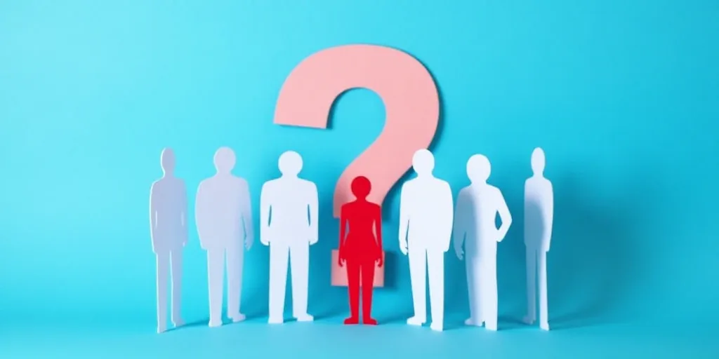 a group of paper cutouts of people standing in front of a question mark on a blue background with a