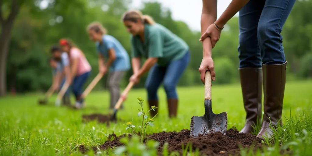 a group of people are digging in the grass together with shovels and trees in the background, and a