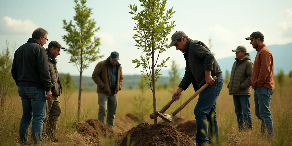 a group of people are planting trees in a field with people standing around them and looking at them