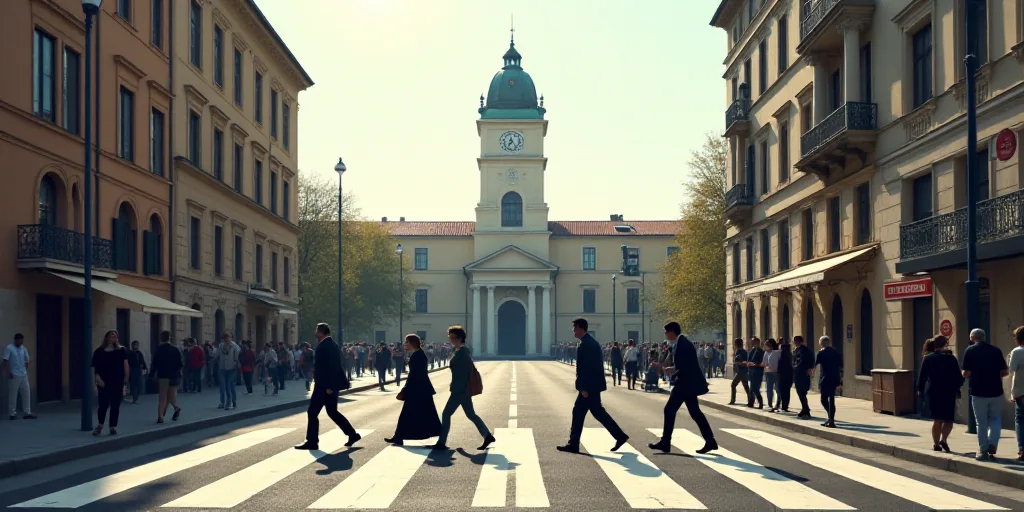 a group of people crossing a street in front of a building with a clock tower in the background and