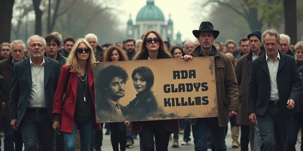 a group of people holding a banner with a picture of a man and woman on it and a man holding a sign