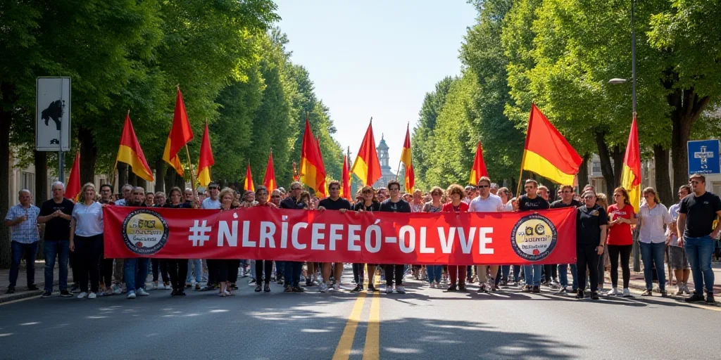 a group of people holding a banner and flags on a street with trees in the background and a building
