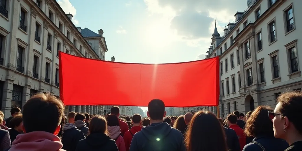 a group of people holding a banner in a street with buildings in the background and a sky background