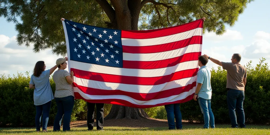 a group of people holding a large american flag in front of a tree and bushes with a man holding a f