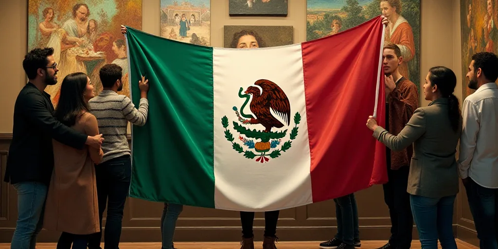 a group of people holding a mexican flag in front of a wall of paintings and paintings on the wall,