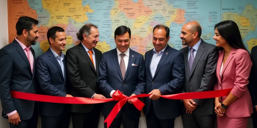 a group of people holding a ribbon cutting a ribbon at a ribbon cutting ceremony with a man in a sui