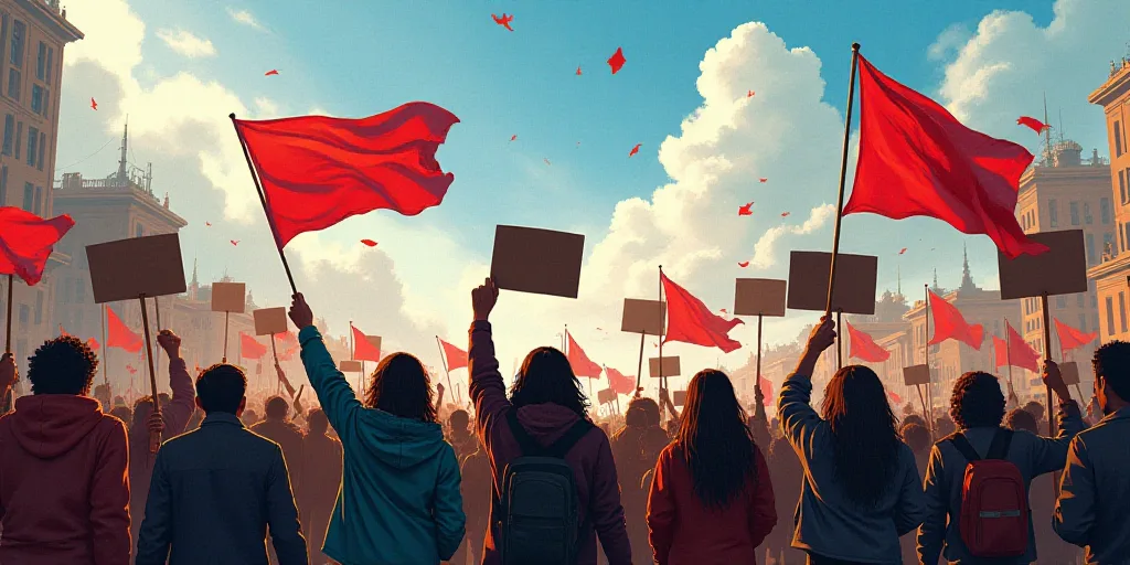 a group of people holding flags and signs in a protest area with a sky background and a few building