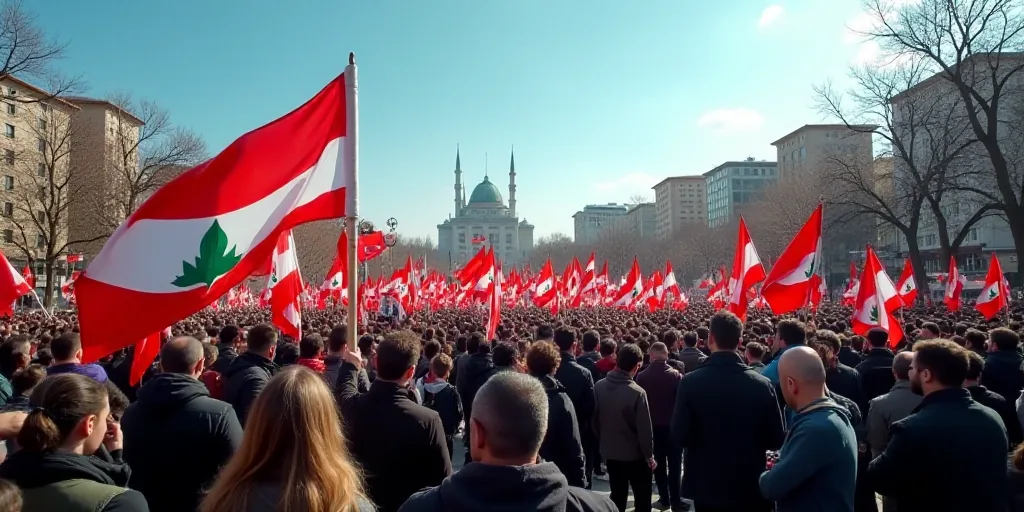 a group of people holding flags and banners in a park with buildings in the background and a blue sk