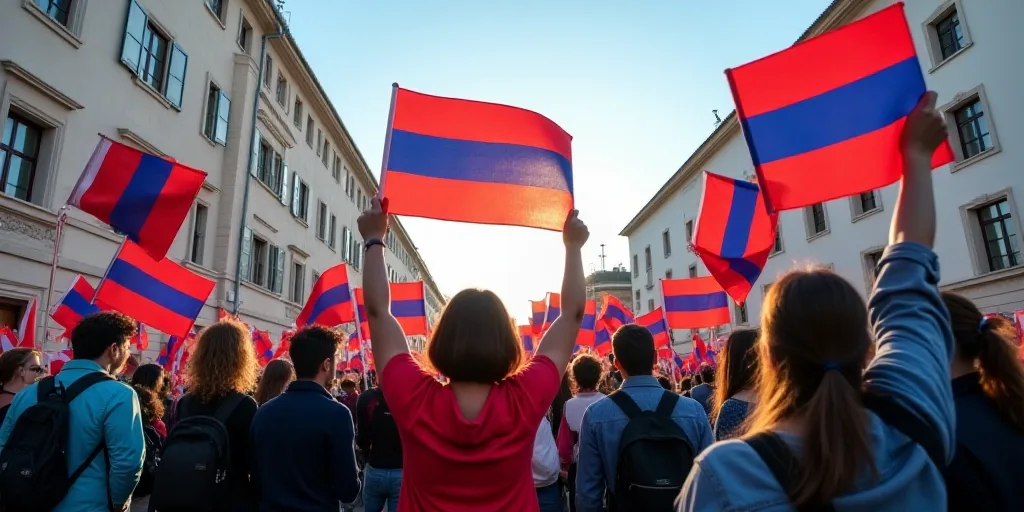 a group of people holding flags and signs in a street with a building in the background and a sky ba