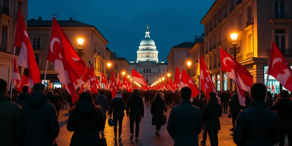 a group of people holding flags in the street at night time with buildings in the background and a b