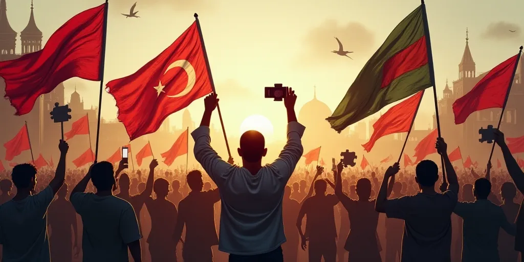 a group of people holding flags and signs in the air with a man holding a camera in the middle, Fath