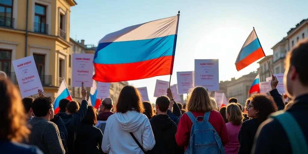 a group of people holding flags and signs in a street with a building in the background and a sky ba