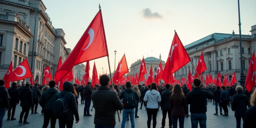 a group of people holding flags and signs in a street with a building in the background and a sky ba