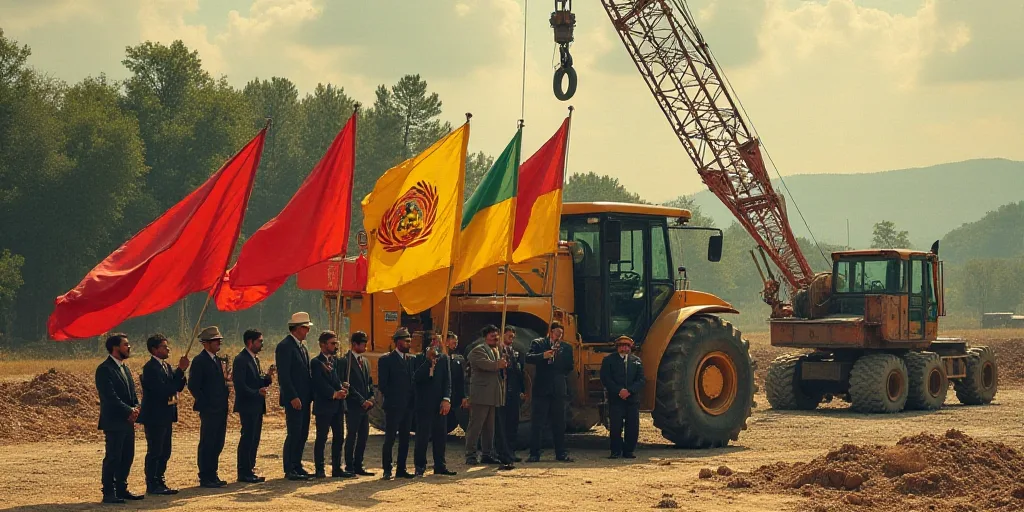 a group of people holding flags in front of a construction vehicle and a crane in the background wit