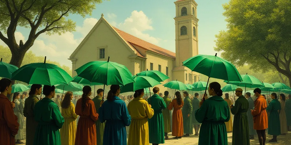 a group of people holding green umbrellas in front of a building with a clock tower in the backgroun