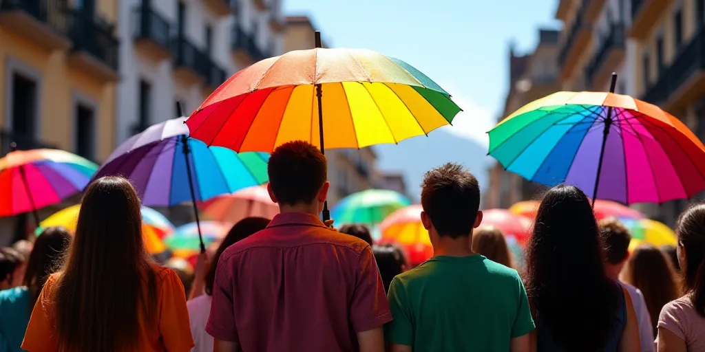 a group of people holding rainbow colored umbrellas in a parade in a city street with buildings in t
