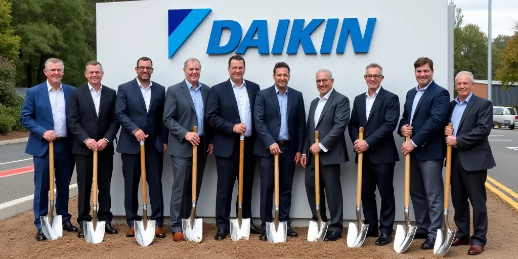 a group of people holding shovels and shovels in front of a daikin sign with a man in a suit, Aramen