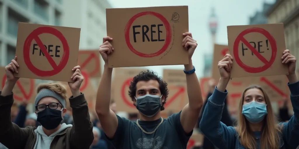 a group of people holding signs with free signs on them and a face mask on their faces and hands, Fa