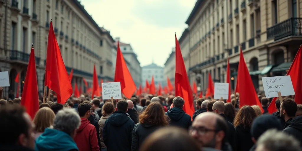 a group of people holding signs and flags in a street with buildings in the background and a crowd o
