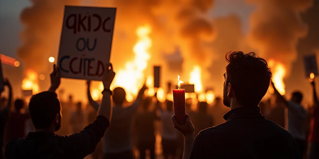 a group of people holding signs and a fire in the background with smoke coming out of them and a man