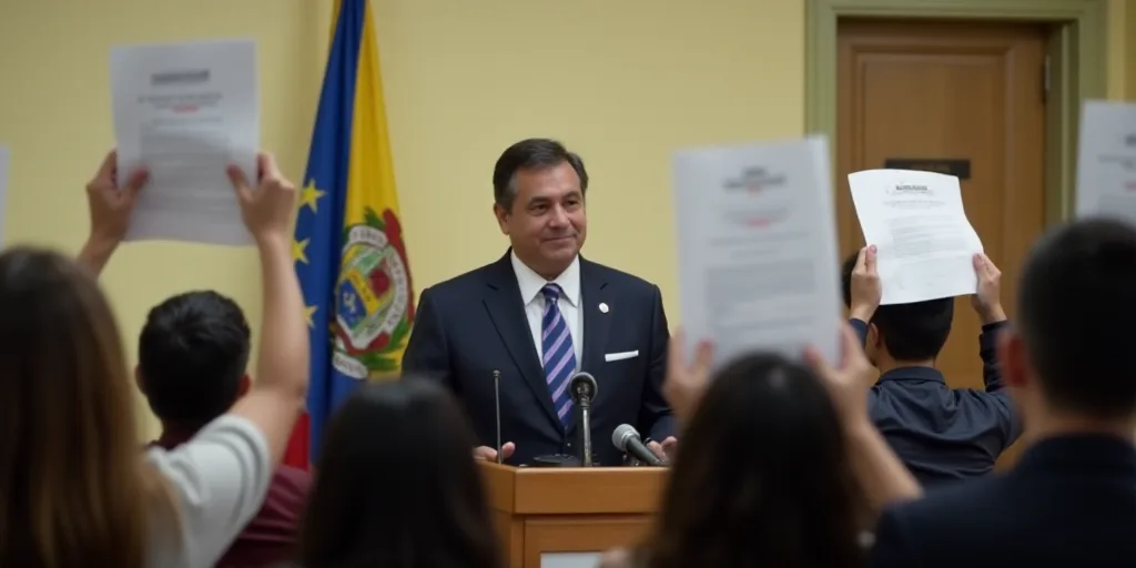 a group of people holding up papers in front of a wall with a logo on it and a man in a suit, Federi