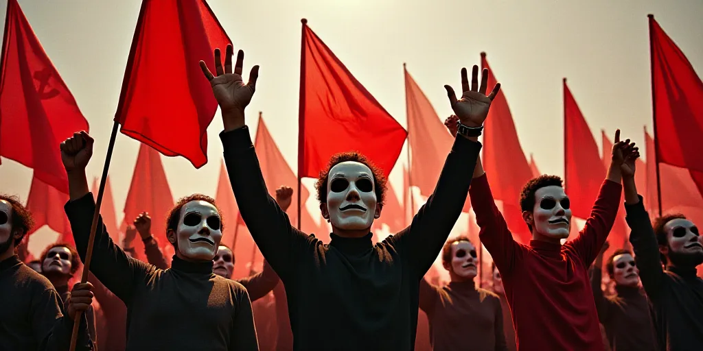 a group of people holding up red and white flags and wearing masks and holding up their hands in the