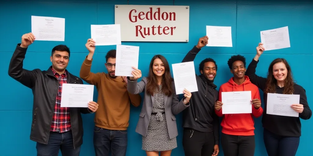 a group of people holding up some papers in front of a blue wall with a sign behind them that says g