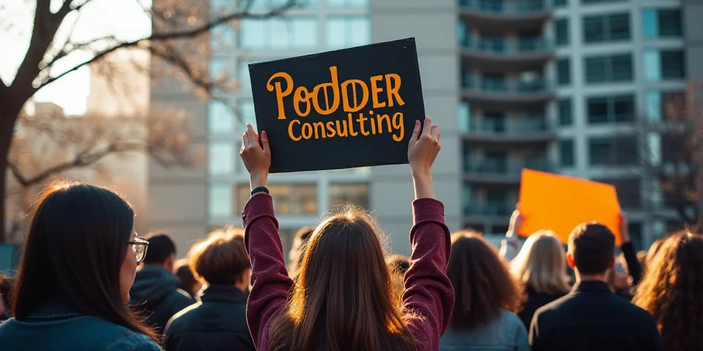a group of people holding up signs in front of a building with a sign that says podder consulting, A