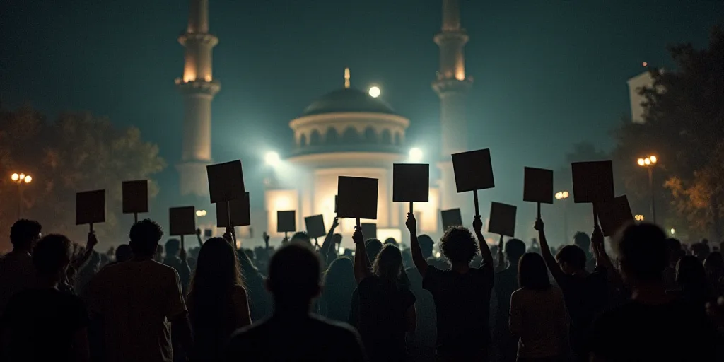 a group of people holding up signs on a stage at night time with lights on the building in the backg